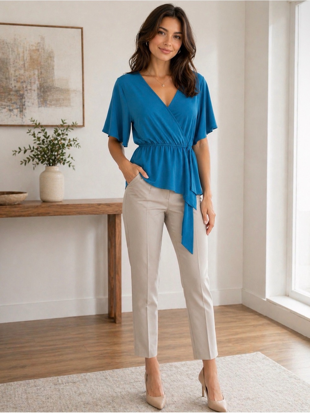 NWT: IMAN Blue Wrap Peplum Top with Tie Waist